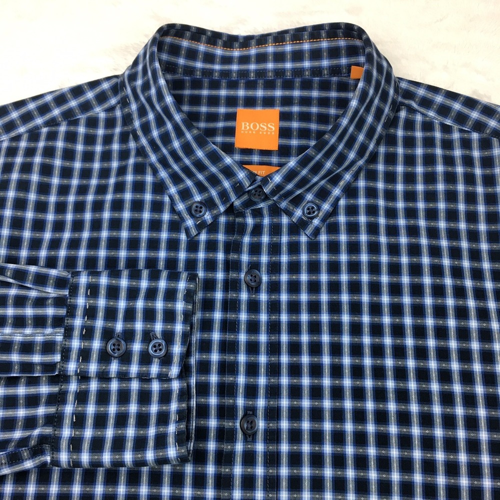 Boss Shirt Mens Size Large Blue Checks Slim Fit Long Sleeves
